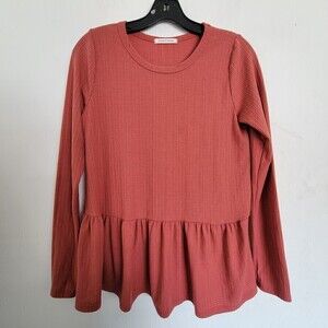 Caution To The Wind Waffle Knit Peplum Red Coral Long Sleeve Blouse Top Medium